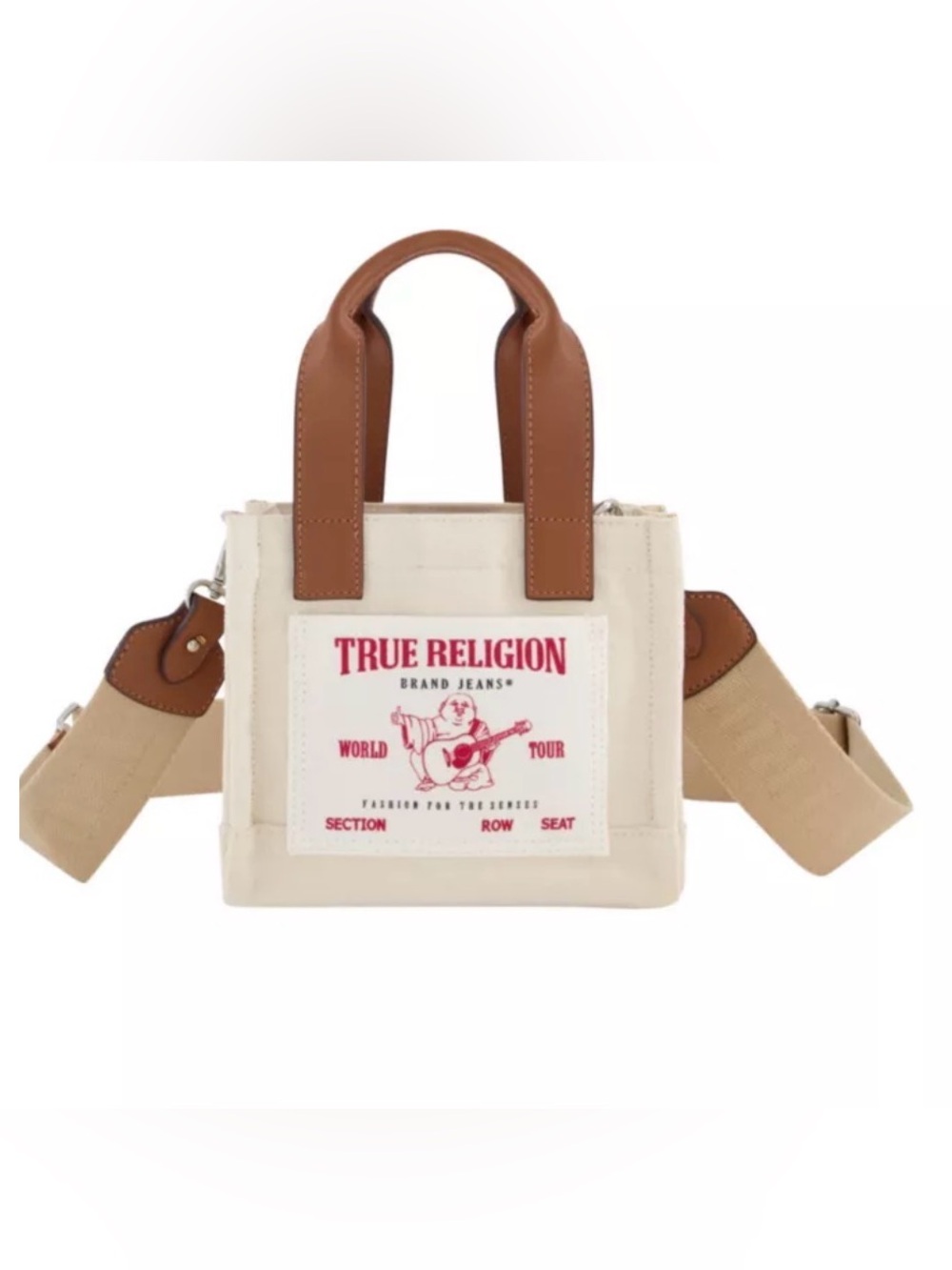 True Religion Cream Canvas Mini Tote with Brown Leather Handles